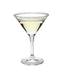 Glass of classic martini cocktail on white background