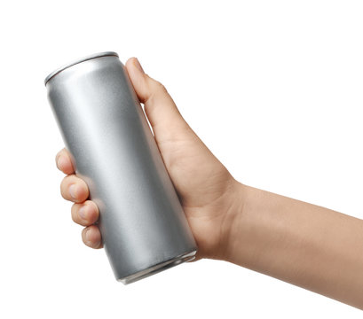 Woman holding aluminum can with beverage on white background, closeup. Mockup for design