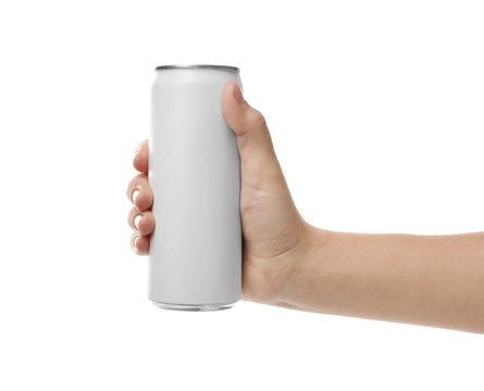 Woman holding aluminum can with beverage on white background, closeup. Mockup for design