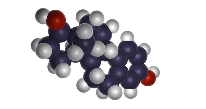 3d chemical structure of beta estradiol molecule, estrogen steroid hormone, rendered as footage with transparent background (alpha channel), spinning in infinite seamless loop in 4K, UHD, 2160p.