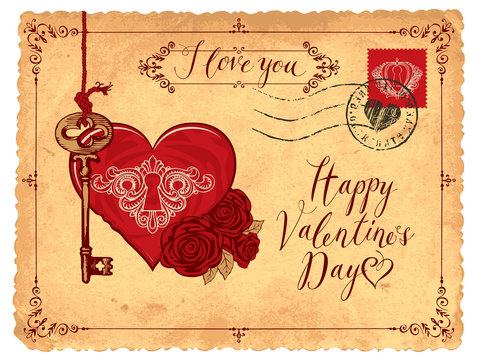 Fototapeta Valentine card in form of postcard with key, keyhole in the heart and red roses. Romantic vector card in retro style with place for text, handwritten inscriptions I love you and Happy Valentines day