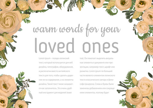 Wedding invitation, beautiful greeting card, vector. Angled frame with green eucalyptus leaves, brunia,  boxwood, rose forest fern and flowers eustoma cream
