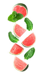 Flying sweet watermelon and mint isolated on white