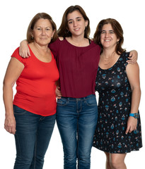 Three generations of latin women smiling and hugging - On a white background