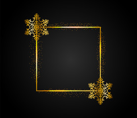 Golden rectangular frame with falling shiny dust and Golden snowflakes. Square, banner with light effect on isolated dark background. Christmas illustration. Eps 10.