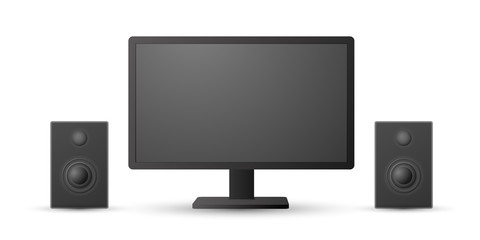 Front view vector of realistic modern black shaded computer screen with audio speakers on white background.