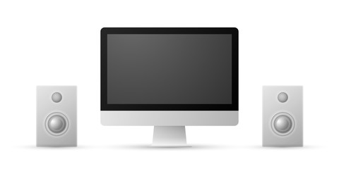 Front view of realistic modern slim shaded vector computer screen with audio speakers on white background.