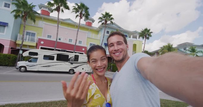 Happy couple video selfie on motorhome RV travel vacation in Fort Myers Florida USA.