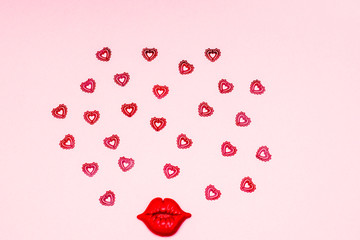 symbols of Valentine's day-hearts, kisses, lips, love. background. flat low