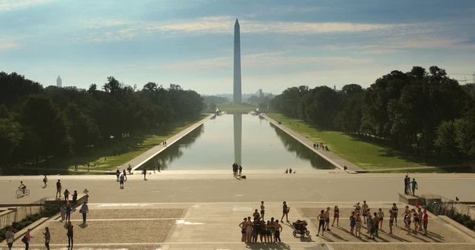 Washington DC Monument and the US Capitol Building across the reflecting pool from the Lincoln Memorial on The National Mall USA
