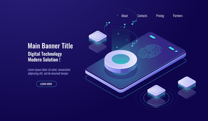 Fingerprint access, data security isometric icon, mobile phone screen, account protection concept, database and cloud storage dark neon