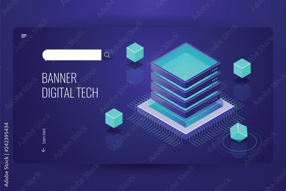 Poster computer science isometric landing page, server room, cloud database, futuristic lighting object wit