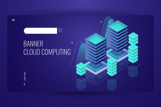 Cloud computing technology, remote data storage, server room data center concept, cloud database service, dark neon violet