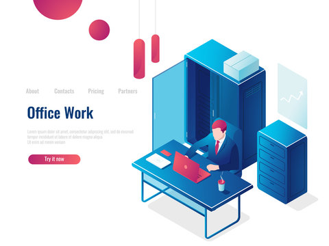 Office work, a man working at a computer, interior, business Analytics and statistics, paperwork people vector