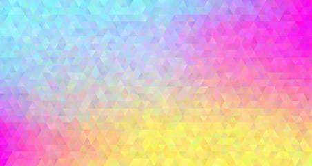   Holographic Gradient Triangle Pattern Vector Background. Psychedelic Multicolored Neon Low Poly Surface. Blue, Pink and Yellow Faceted Geometric Print. © Artefficient