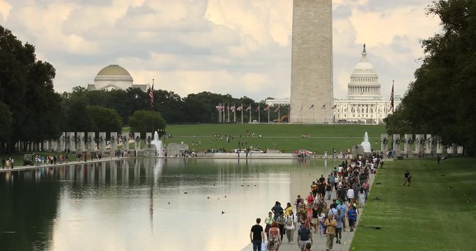 Washington DC Monument and the US Capitol Building across the reflecting pool from the Lincoln Memorial on The National Mall USA