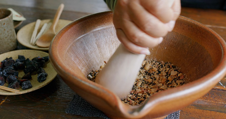 Make of chinese ground tea, Hakka Lei Cha