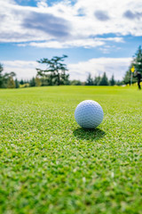 Golf Course where the turf is beautiful and Golf Ball on putting green. Golf is a sport to play on the turf	