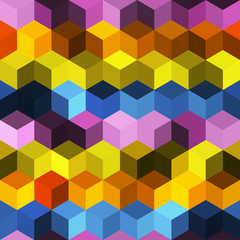 Hexagon grid seamless vector background. Cool polygons with bauhaus corners geometric graphic design. Trendy colors hexagon cells pattern for game ui. Honeycomb cube shapes mosaic.