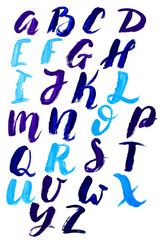 Calligraphy letters of English alphabet drawn with dry brush isolated on white background