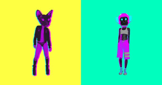Minimal Animation design. Gif set.  Hipster Kitty and Monkey. Ideal for nightclub screens and funny gifs