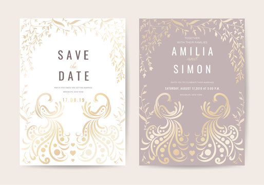 Wedding invitation and Card with Luxury Floral and Peacock feathers vector illustration. 