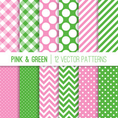 Preppy Green and Pink Gingham, Chevron, Polka Dots and Candy Stripes Seamless Vector Patterns. Modern Geometric Backgrounds. Repeating Pattern Tile Swatches Included.