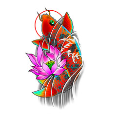 Hand drawn koi fish with lotus flower and water wave tattoo design, Digital art painting, japanese tattoo style, tattoo flash image.