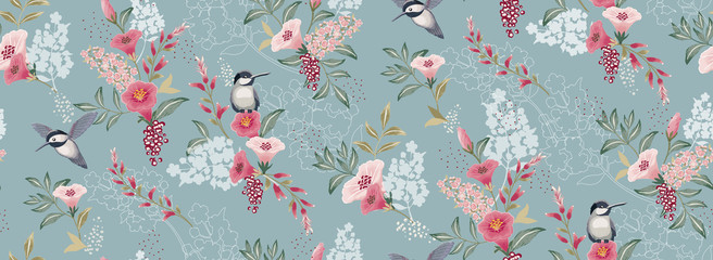  Vector illustration of a seamless floral pattern with cute birds in spring for Wedding, anniversary, birthday and party. Design for banner, poster, card, invitation and scrapbook  - obrazy, fototapety, plakaty