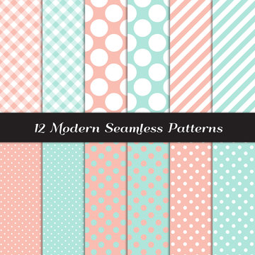 Pastel Mint and Coral Polka Dots, Gingham and Stripes Seamless Patterns. Pastel Color Backgrounds for Wedding or Bridal or Baby Girl Shower Invites. Repeating Pattern Tile Swatches Included.