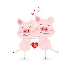Cute pink pig character holding heart.