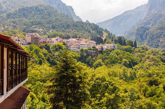 Popular touristic panoramic viewpoint on Mount Olympus from below from Litochoro town with its cozy hotels, apartments, scenic cityscape views and forest surroundings