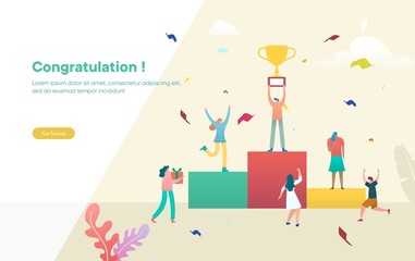 Business people celebrate team success  vector illustration concept, people celebrate victory and holding trophy,  can use for, landing page, template, ui, web, mobile app, poster, banner, flyer