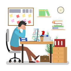 Cartoon Man Overwork in Office Card Poster. Vector