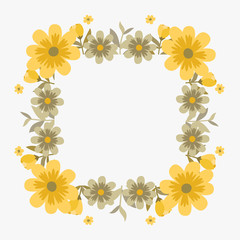 Floral greeting card and invitation template for wedding or birthday anniversary, Vector square shape of text box label and frame, Yellow cosmos flowers wreath ivy style with branch and leaves.