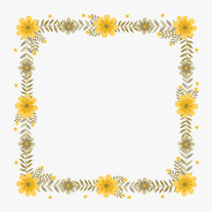 Floral greeting card and invitation template for wedding or birthday anniversary, Vector square shape of text box label and frame, Yellow cosmos flowers wreath ivy style with branch and leaves.