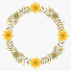 Floral greeting card and invitation template for wedding or birthday anniversary, Vector circle shape of text box label and frame, Yellow cosmos flowers wreath ivy style with branch and leaves.