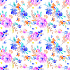 Fototapeta na wymiar Wild, Colorful Watercolor Flower Pattern. Seamless Background Floral Wallpaper