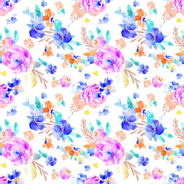 Wild, Colorful Watercolor Flower Pattern. Seamless Background Floral Wallpaper