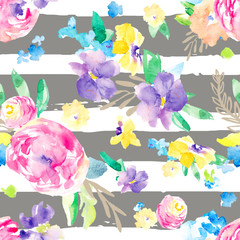 Wild, Colorful Watercolor Flower Pattern. Seamless Background Floral Wallpaper