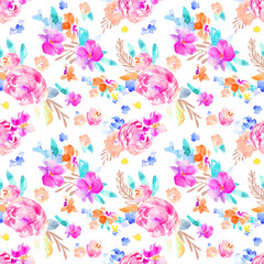 Obraz na płótnie Canvas Wild, Colorful Watercolor Flower Pattern. Seamless Background Floral Wallpaper