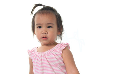 Asian little girl wear pink shirt stand on white background.