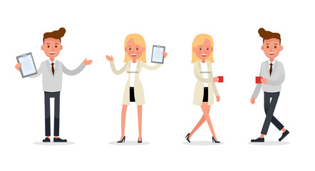 businessman and businesswoman working in office and different poses character vector design no4