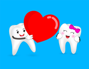 Tooth character with big red heart. Couple in love,  Happy Valentine's day concept. Illustration isolated on blue background.