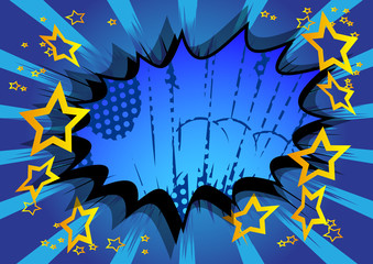 Vector illustrated retro comic book background with big colorful explosion bubble, pop art vintage style backdrop.