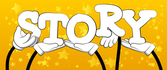 Diverse hands holding letters of the alphabet created the word Story. Vector illustration.