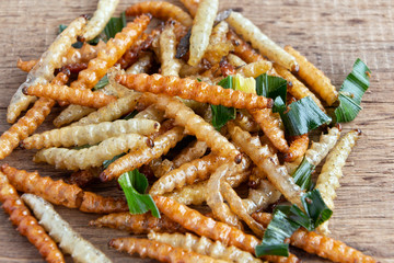 Bamboo edible worm insects crispy or Bamboo Caterpillar on a wood table. The concept of protein food sources from insects. It is a good source of protein, vitamin, and fiber.