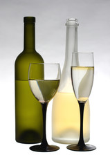 Glass of wine and bottles on light gray