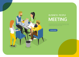 Isometric business people meeting for landing page, web banner, infographics and background template. Character vector design.