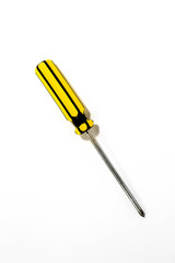 Yellow and black handle of screwdriver isolated on white background.